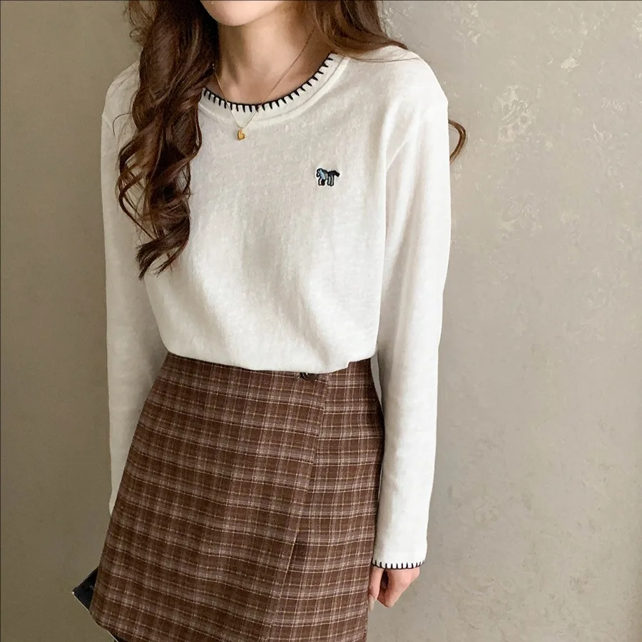 

Женская повседневная футболка с вышивкой, круглым вырезом и длинным рукавом, новая весенняя модель, модная, удобная посадка