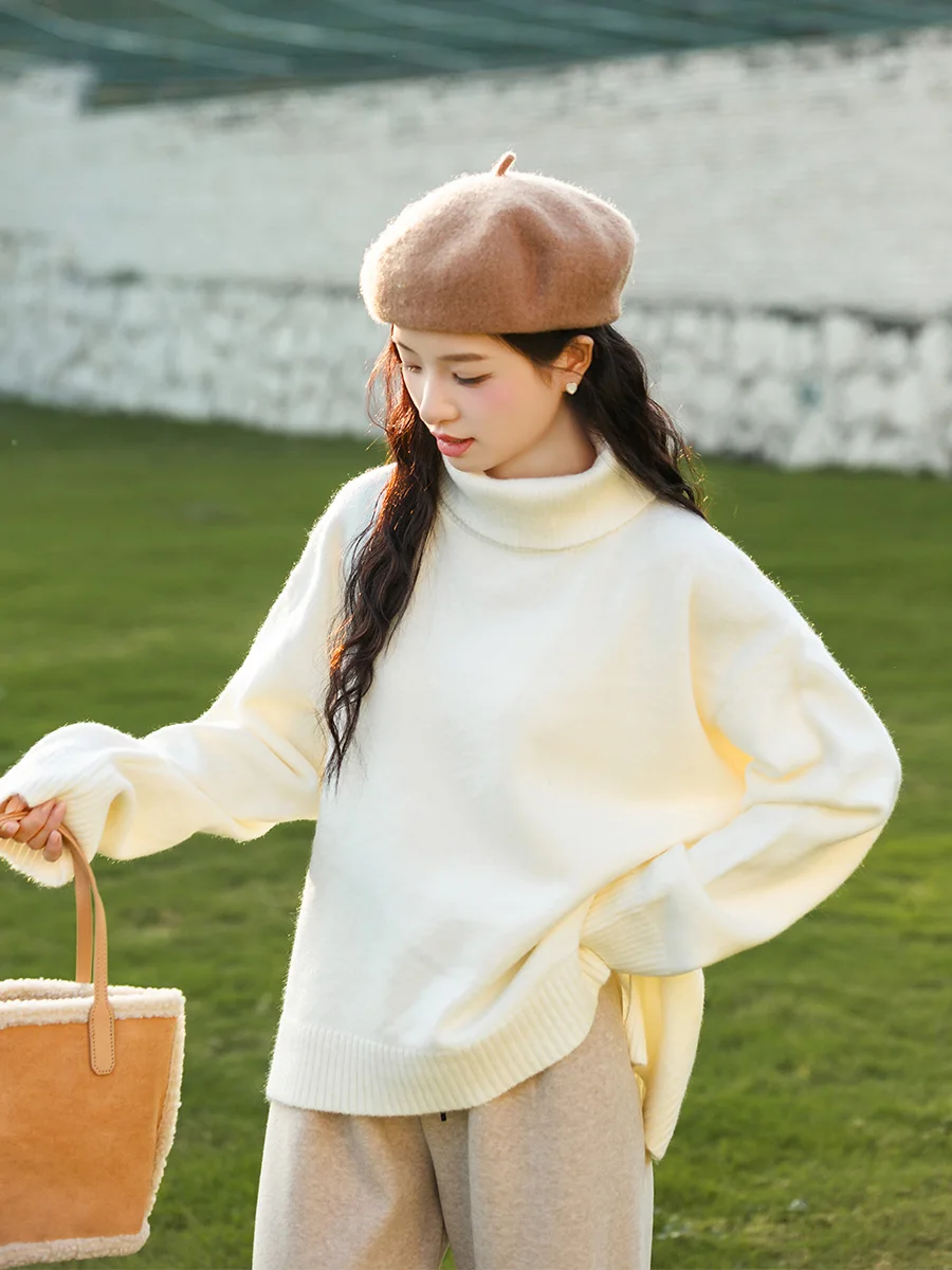 

Soft Thi High Collar Women's Knitted Sweater Autumn Winter Loose Fit Long Sve Pure Color Left Bank Lazy Sle Milk White