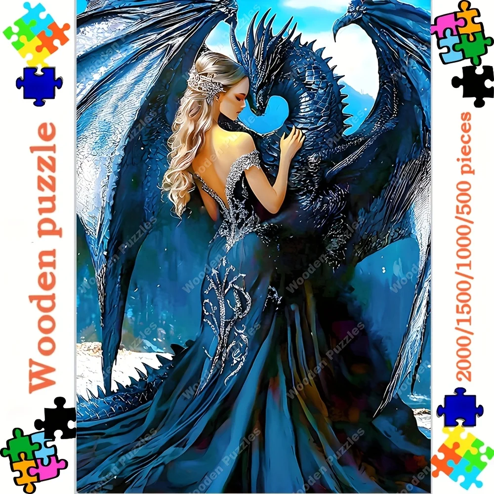 2000/1500/1000/500 Stück bezauberndes Fantasy-Porträt-Holzpuzzle für Erwachsene – majestätischer blauer Drache und elegante Frauenkunst,