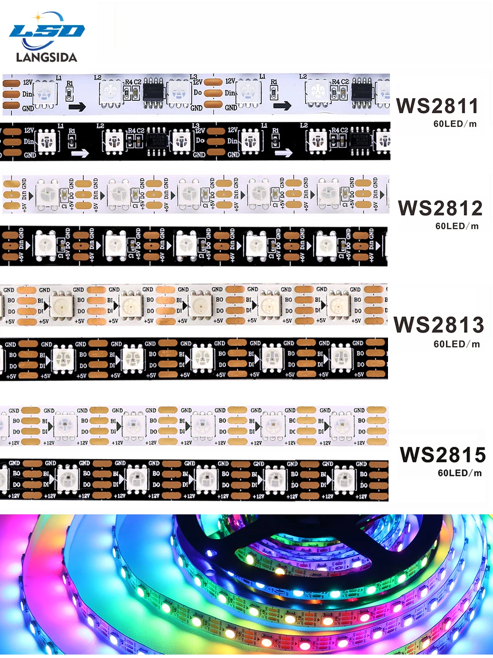 RGB 5050 IC WS2811 WS2812 WS2815 WS2813 30/60/144Pixels/Led/m DC5V/12V lumière adressable individuellement bande complète couleur lumière LED