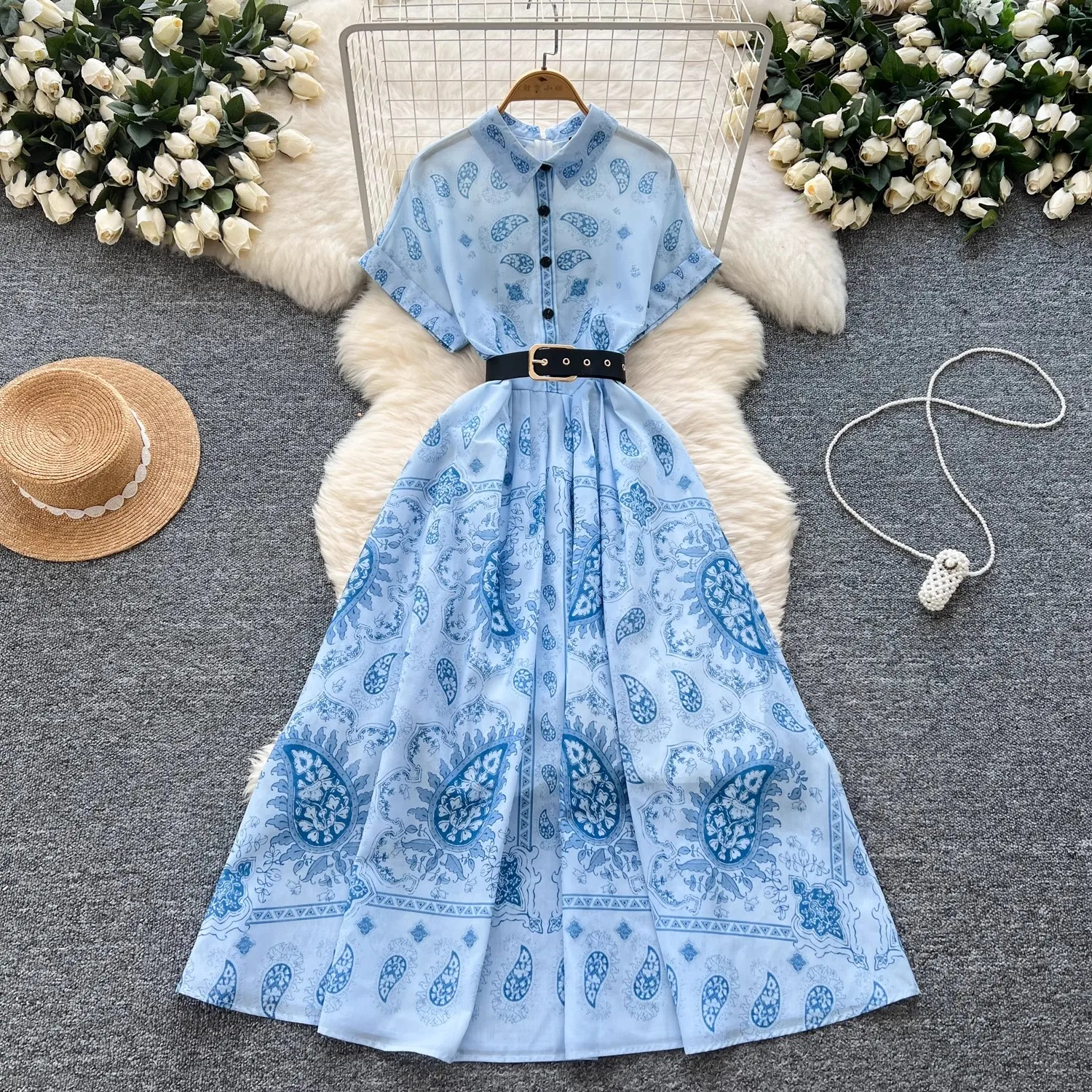 Robe à manches courtes et col rabattu pour femmes, à lacets, simple boutonnage, motif décontracté, Vintage, imprimé, Patchwork, chemise, été