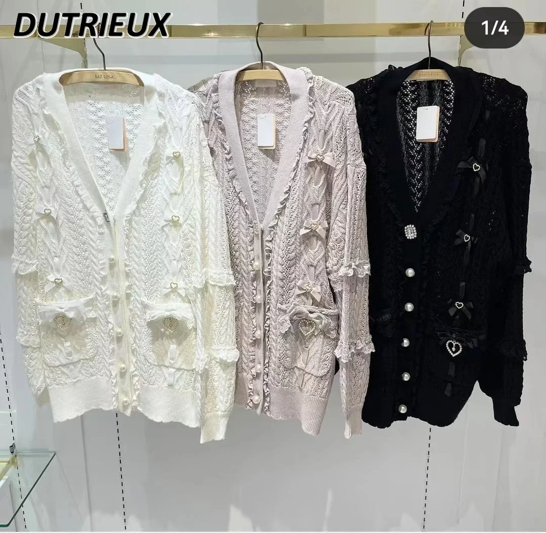 

Japanese Mine Hollow Woven Pocket V-neck Long Sleeve Sweater Jacket Sweet Girls Versatile Bow Single-breasted Knitted Cardigan