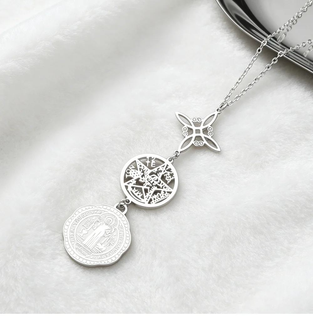 Dreifach-Schutz-Halskette mit Hexenknoten, Pentagramm, Tetragrammaton, doppelseitigem St. Benedikt-Amulett aus Edelstahl – Detail 11