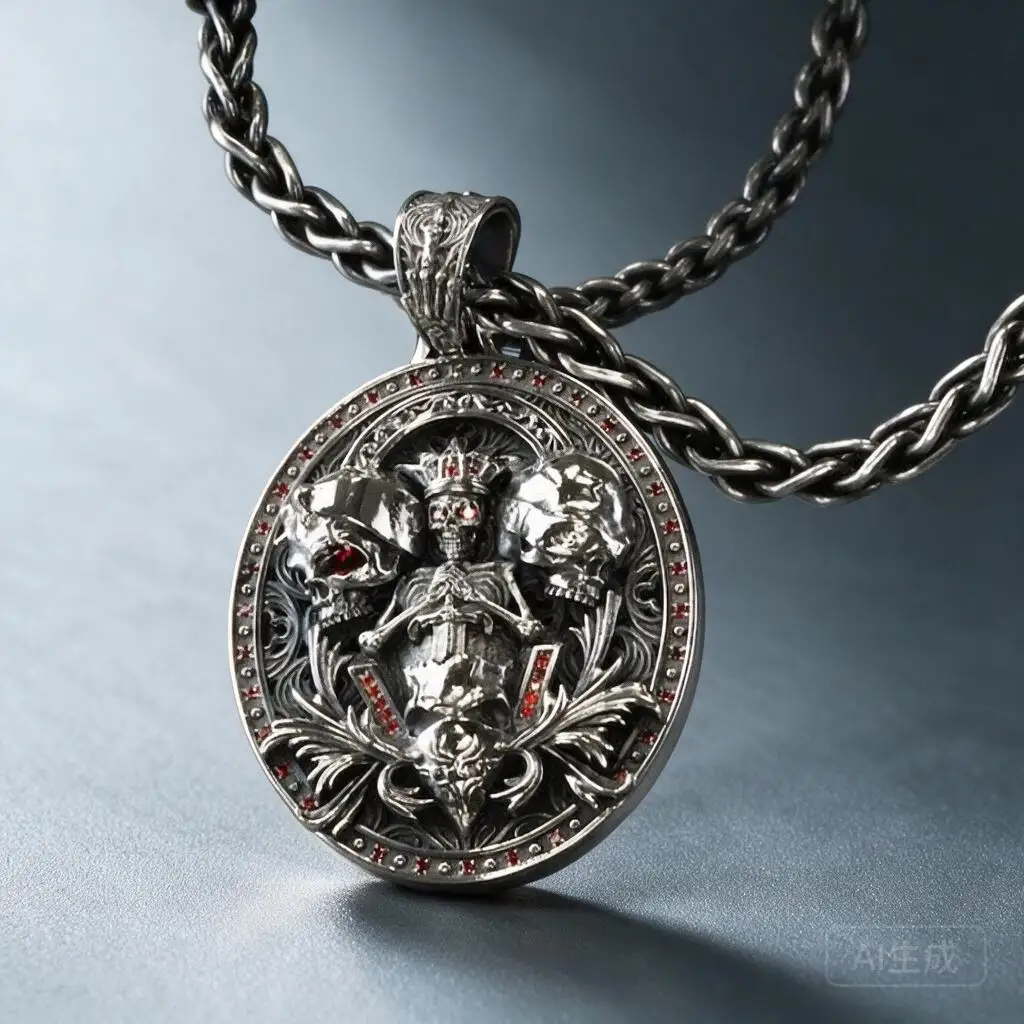 Vintage Gothic Crown Skull Pendant Necklace Rhinestone Inlaid Dark Three Demon Skeleton Thick Chain Street Punk Unisex Jewelry