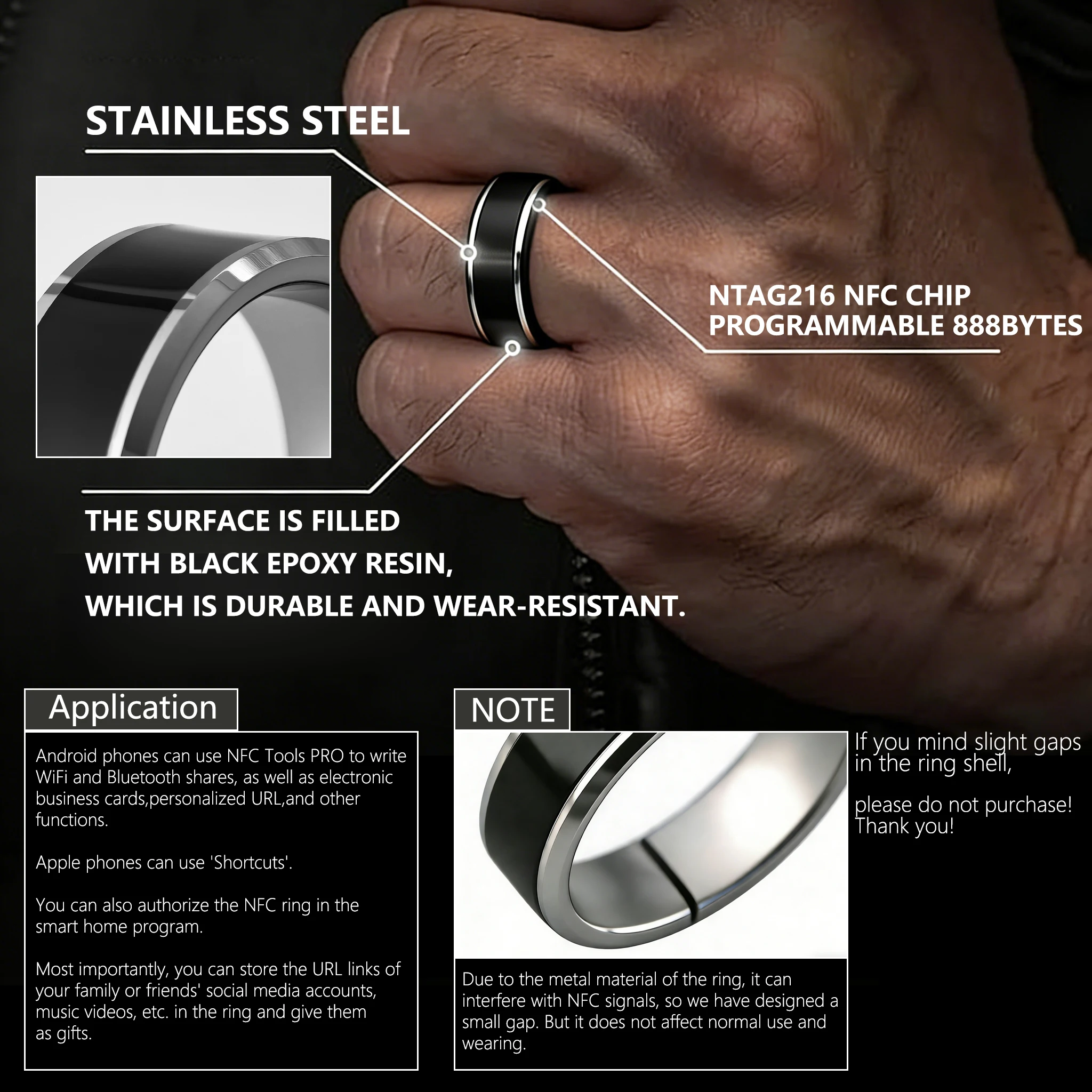 Anel de Aço Inoxidável NFC Ntag216 Programável 888 Bytes para Homens e Mulheres, Anel de Casamento, Pode Escrever Dados de Aniversário ﻿