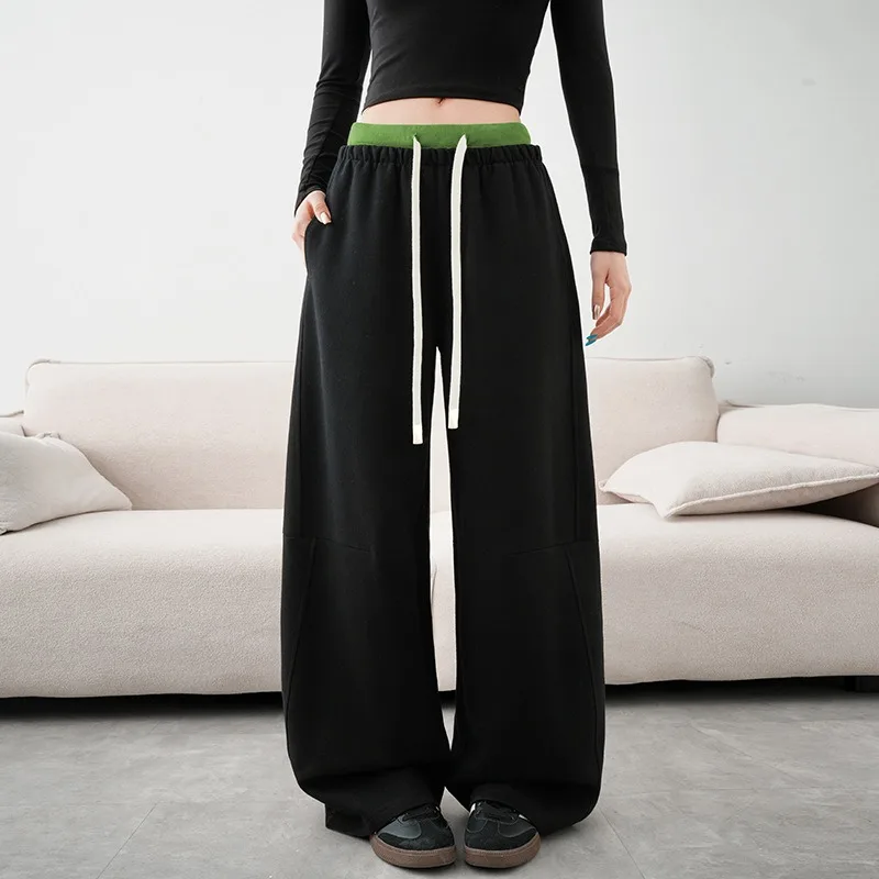 Women's Spring Summer Color Block Waist Wide Leg Sweatpants Drawstring Elastic Waist Casual Loose Pants Multiple Colors