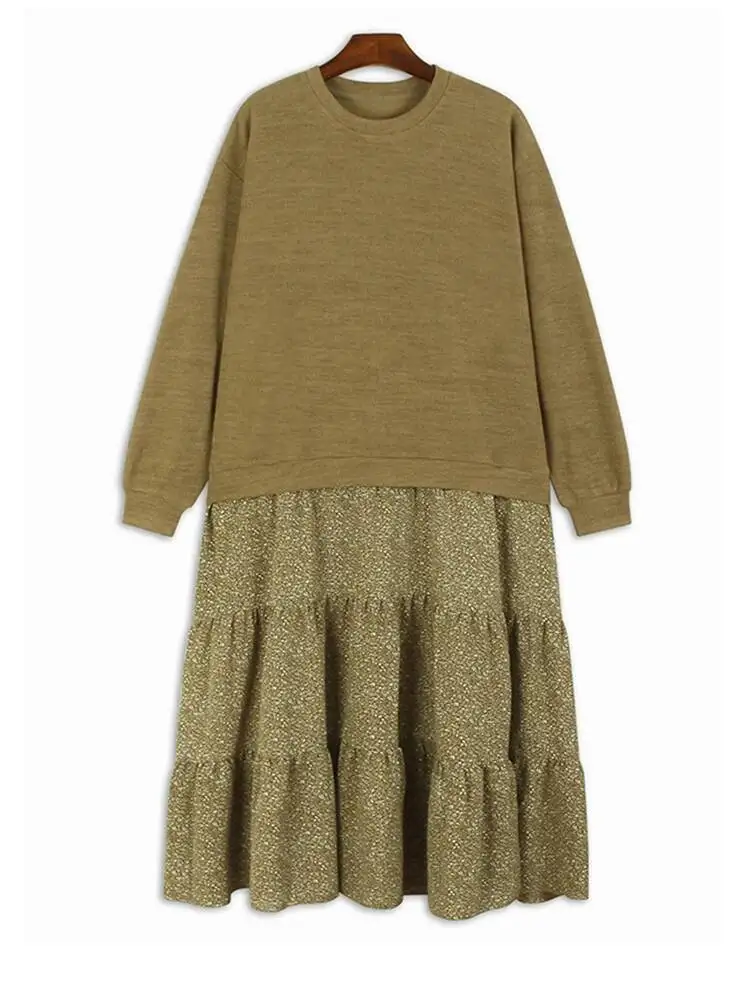 女性黒柄プリントスプライスビッグサイズミディドレス新しいラウンドネック長袖ファッション潮春秋