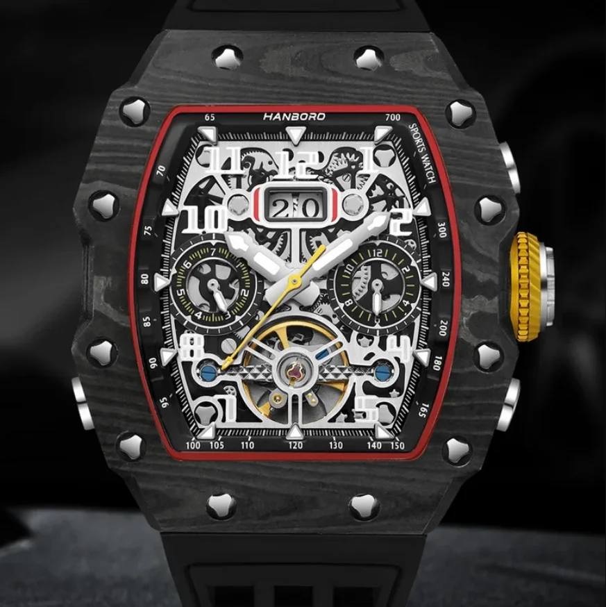 HANBORO Men Automatic Watch 50mm Tonneau Mechanical Wristwatch Luminous Waterproof Carbon Fiber Multi-Dial Month Week Date