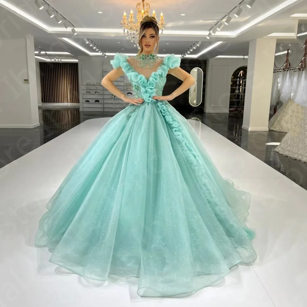 

2024 New Arrival Baby Blue Prom Dresses Ball Gown Beading Quinceanera Dresses High Neck Cap Sleeves Wedding Party Gowns On Sale