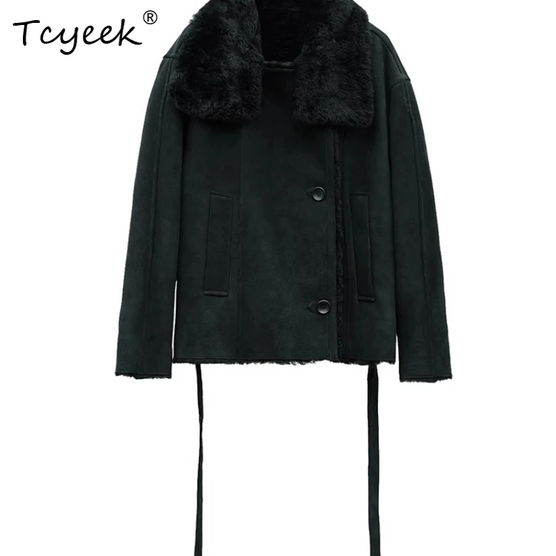 Tcyeek 本物のウール 秋冬 ハイエンド トレンド 韓国風 スタンドカラー ブラック レディース ウール シアリング ファーコート ファー婦人服