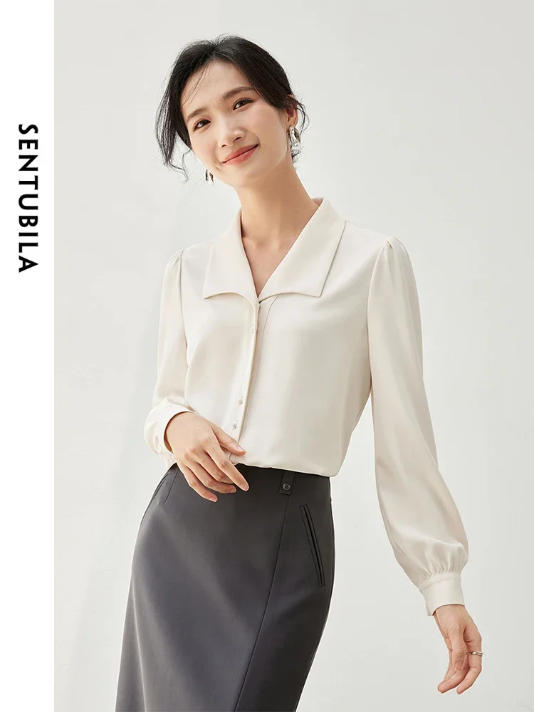 SENTUBILA Texture Office Lady Shirt for Women 2025 Spring Turn Down Collar Fold Long Sleeve Basic Simple Casual Blouse 143C56824