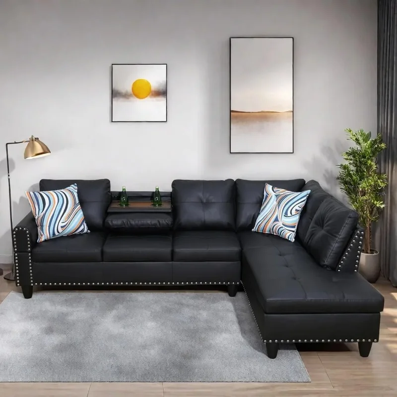 Reversible L-Shaped Sectional Sofa with Nailhead Details, Cup Holders and Chaise for Living Room or Office Furniture Set