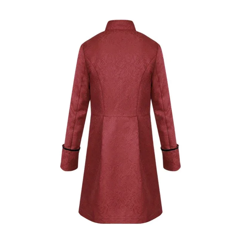 سترة عصر النهضة في القرون الوسطى أزياء تنكرية للرجال باللون الأحمر الداكن فيكتوريا Steampunk معطف واق من المطر ملابس خارجية معطف الأمير العتيق