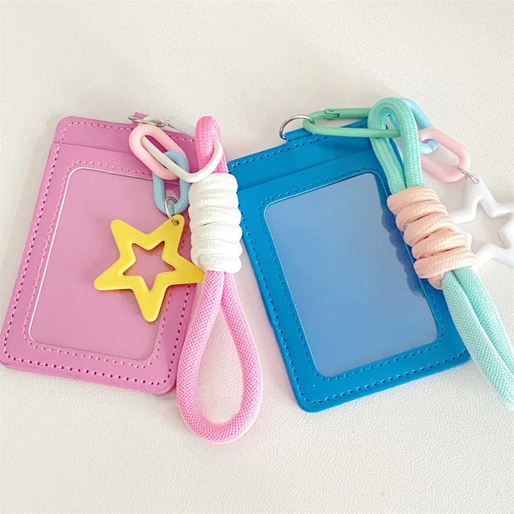 Candy Color Double Layer Card Protective Case With Star Lanyard INS Transparent PU Card Holder Waterproof Vertical Card Cover