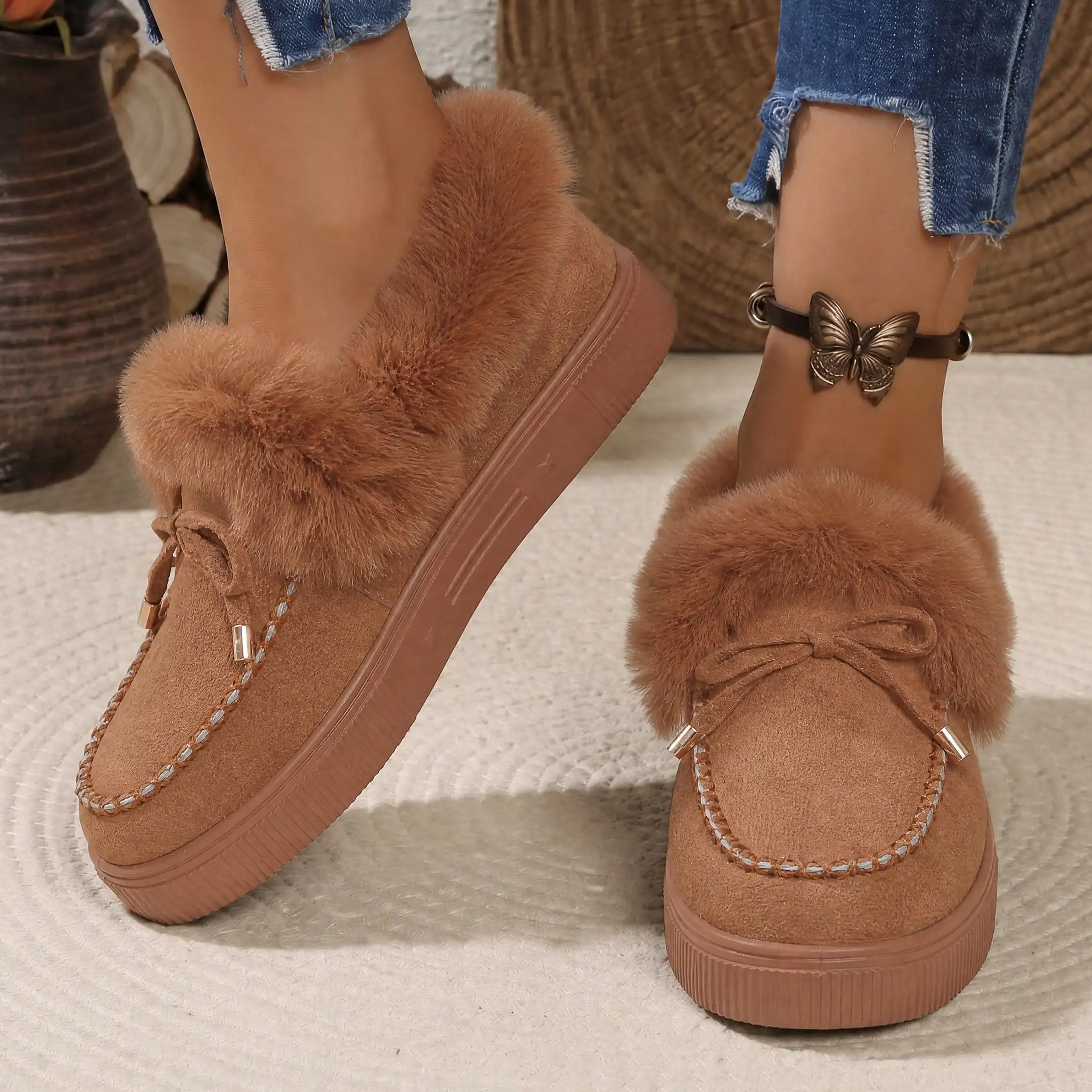 Solid Color Wide Feet Memory Foam Fuzzy Fluffy Lined Loafer Mule Platform Slippers Womens Winter Warm Suede Upper Casual Outdoor Snow Boot Footwear