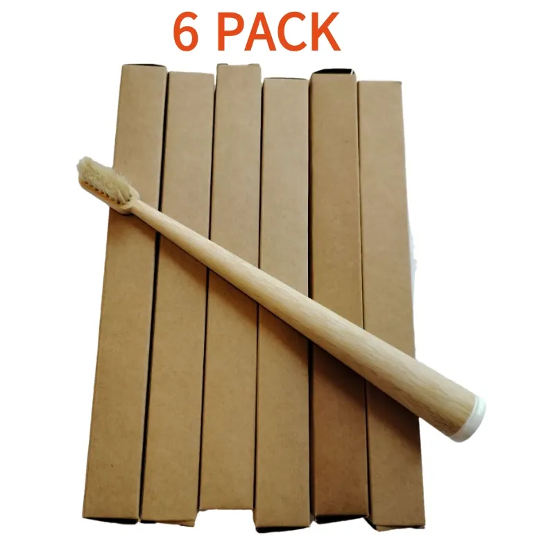 6 Pack Boar Bristle & Bamboo Toothbrush, Biodegradable Natural Tooth Brushes Oral Care Tool for Adults