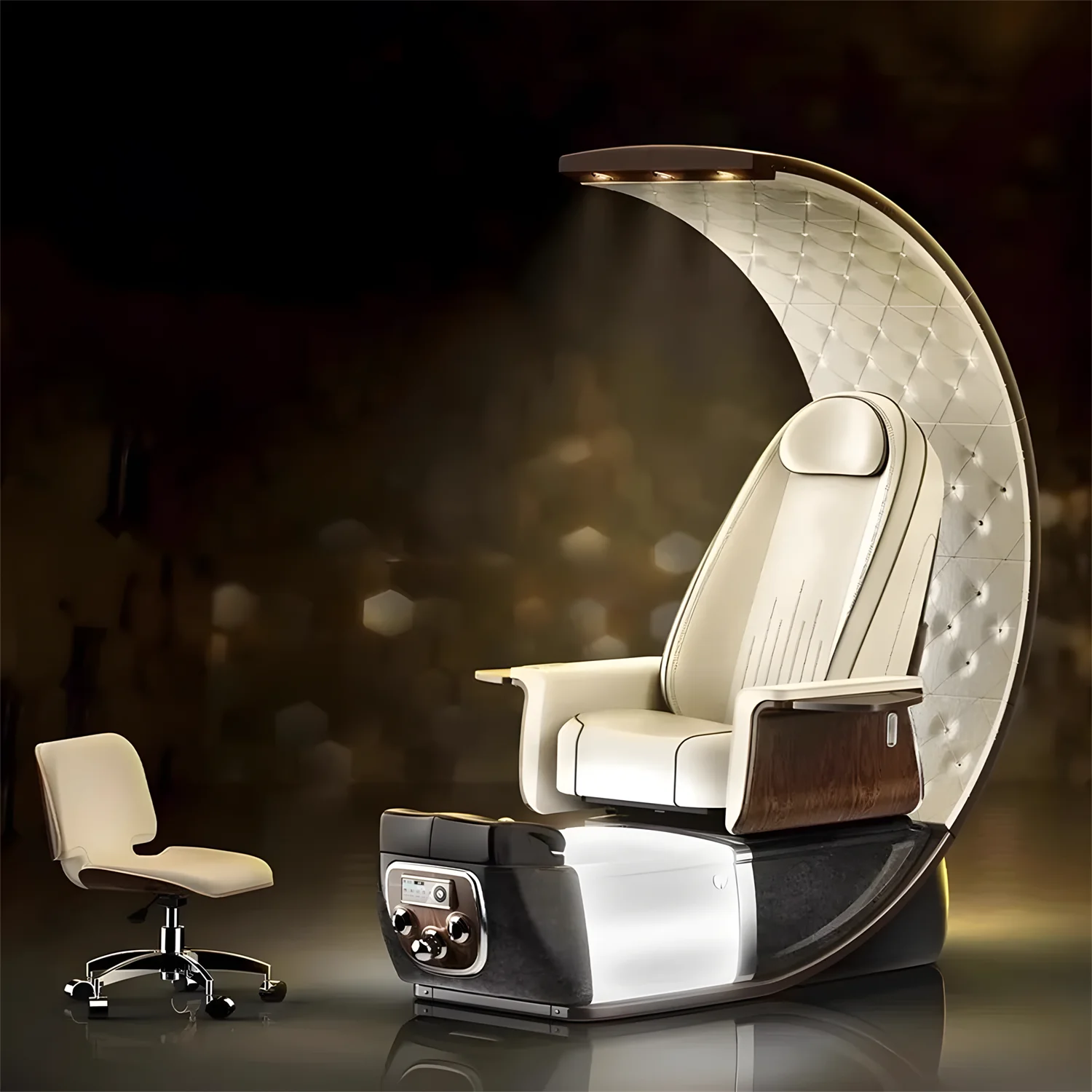 Luxury Moon Shape Pedicure Spa Chair with LED Light, Electric Reclining Foot Massage Chair Marble Basin PU Leather Nail Salon Fu