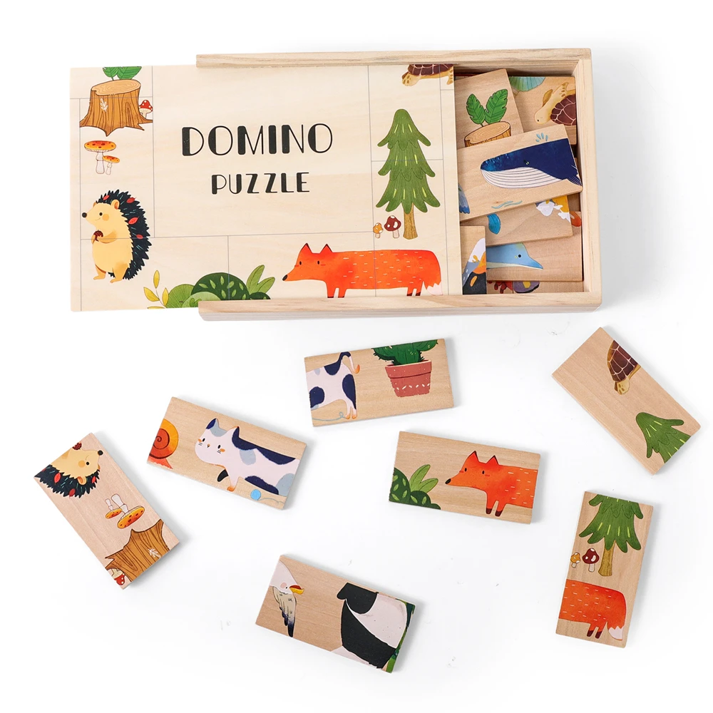 Wooden Domino Puzzle Set Animal Patterns Building Blocks Fine Motor Skills Concentration Baby Toys Creative Play Toys for Kids