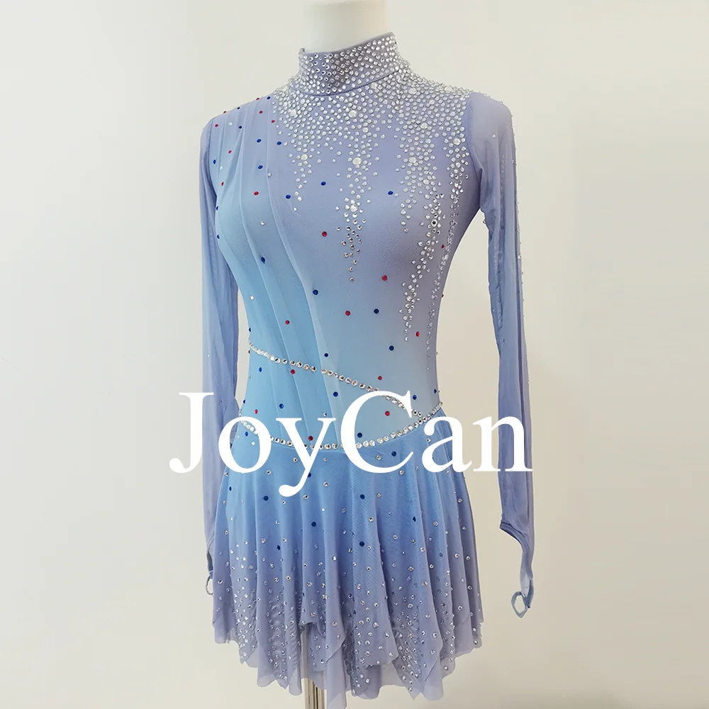 JoyCan-vestido de patinaje artístico para niñas, estampado azul, diamantes de imitación brillantes, leotardos de competición personalizados