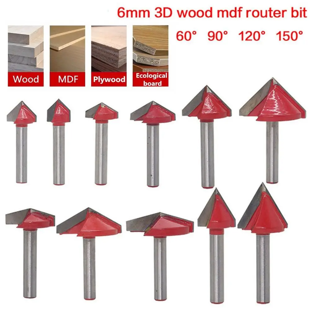 1pc 6mm V Bit CNC Solid Carbide End Mill Tungsten Steel Woodworking Milling Cutter 3D Wood Router Bit 60 90 120 150 Degrees