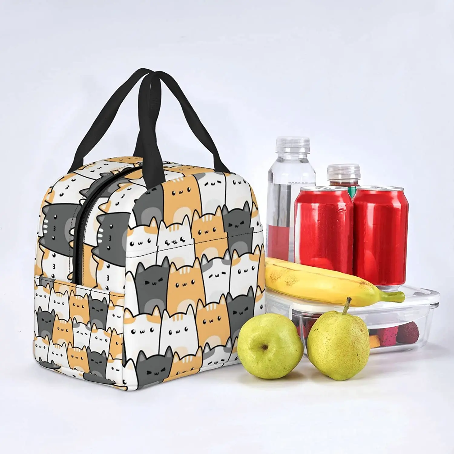 Insulated Lunch Bag Cute Chubby Cats Lunch Box Cartoon Kitten Animal Reusable Waterproof Lunch Tote Bag for School Work Picnic