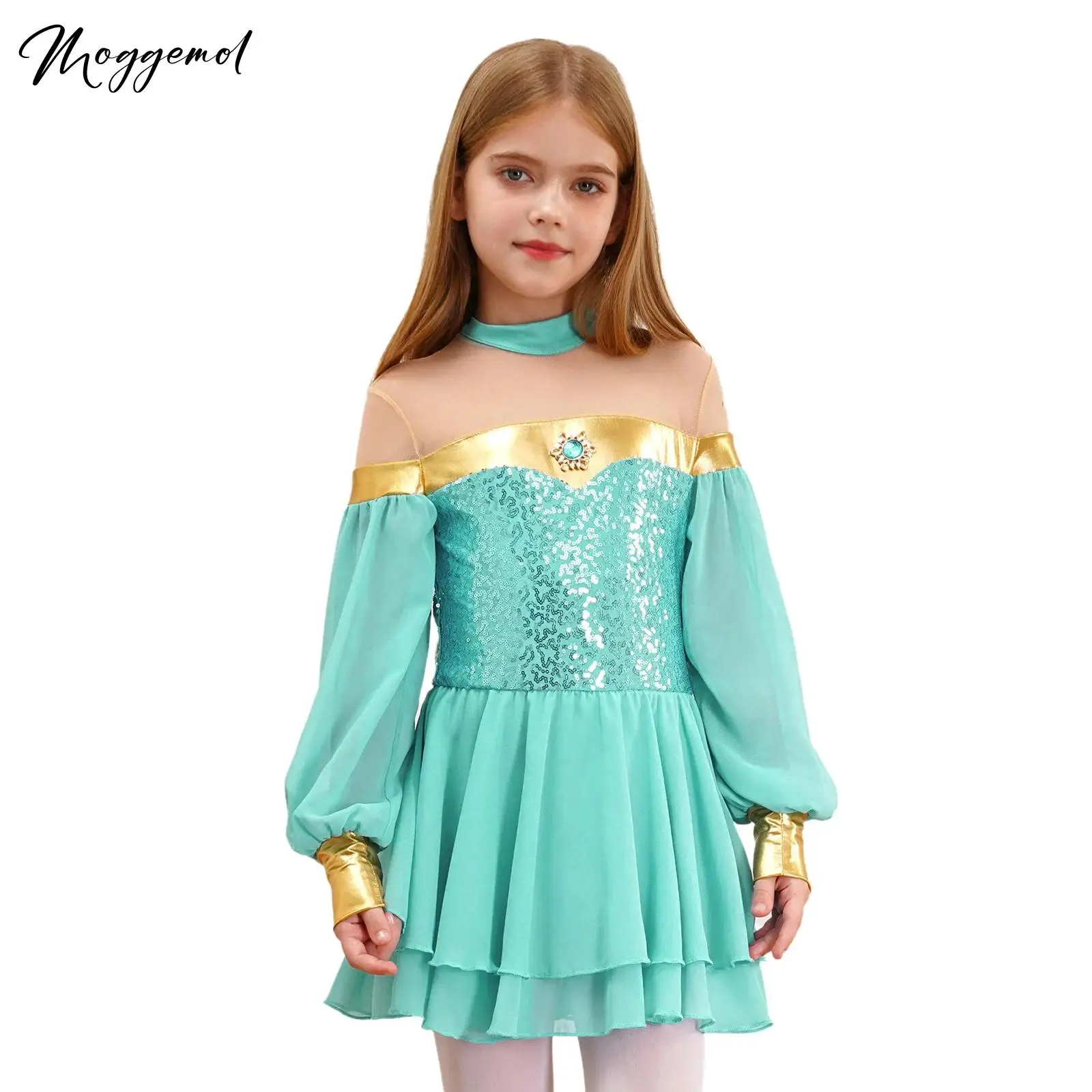 Kids Girls Arabian Princess Costume Lantern Sleeve Shiny Sequins Tulle Dress Belly Dance Leotard Jasmines Dress Up for Halloween