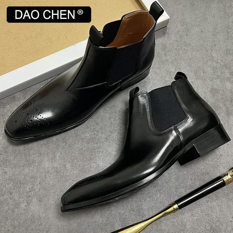 LUXURY MEN\'S LEATHER BOOTS BLACK BURGUNDY SLIP ON ANKLE BOOTS CASUAL MEN DRESS SHOE OFFICE WEDDING CHELSEA BOOTS FOR MEN