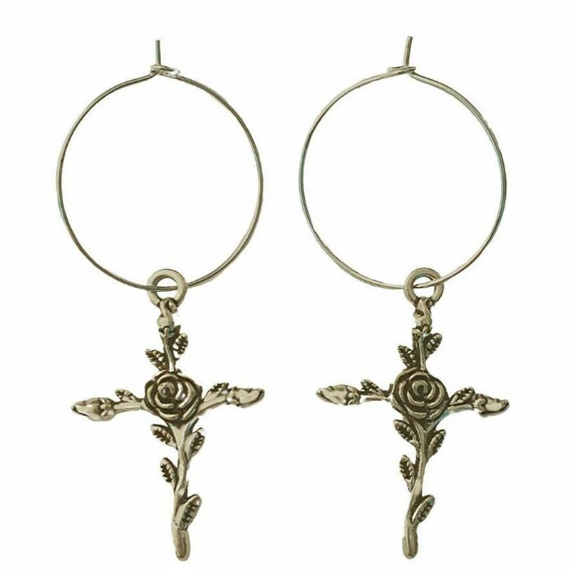 Punk Rose Flower Cross Dangle Earrings Hook Boho Gothic Skull Cross Stud Earrings Crucifix Drop Earring Woman Jewelry Mujer Gift