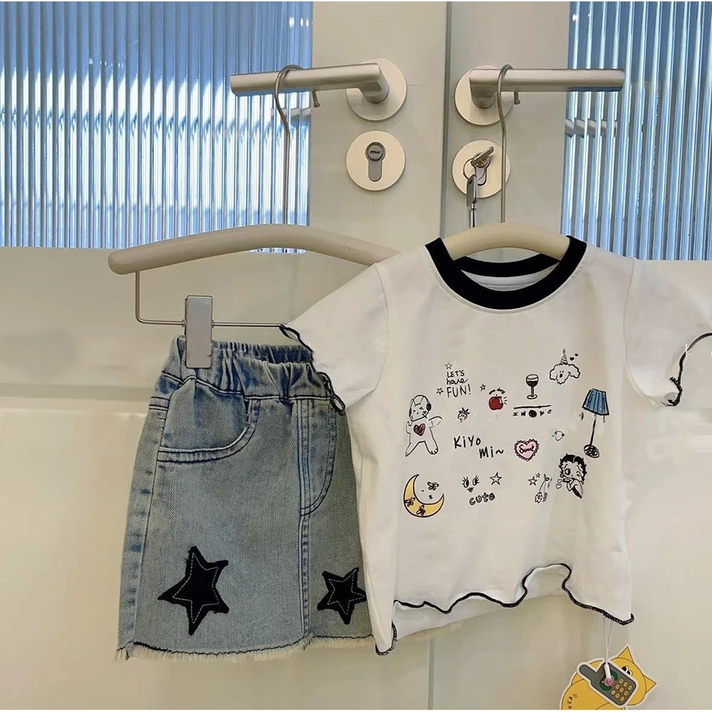 Children Girls Clothes Sets Summer Cartoon Print Short Sleeve CottonT-shirts+Blue Denim Skirt 2Pcs Korean Style Kids Outfit Suit