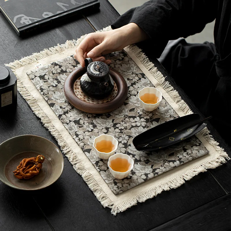 30x46cm Chinese Style Brocade Tea Mat Zen-Style Cotton-Linen Heat-Insulating Dry-Brewing Double Layer Table Mat Waterproof