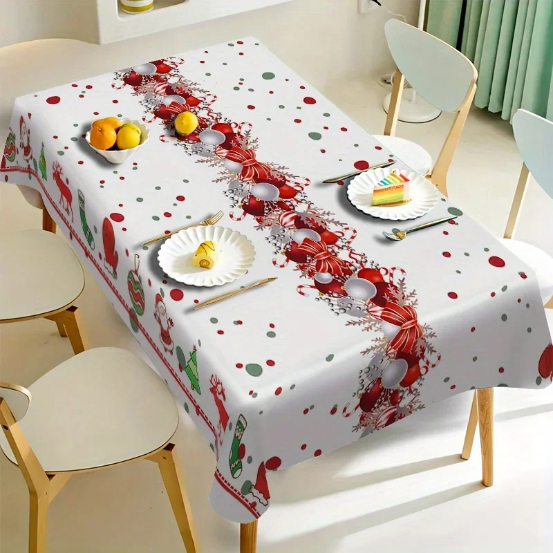 Christmas Elk Xmas Balls Bow Tablecloth for Table Decor Reusable Winter Xmas Kitchen Dining Tablecloth Christmas Decorations