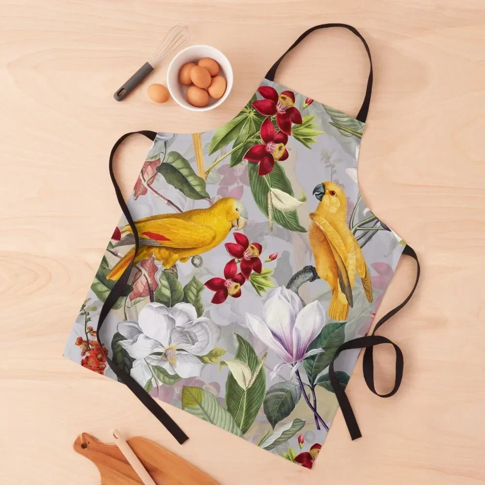 

Vintage Parrot Tropical Jungle Pattern Gray Apron Custom professional kitchen Apron