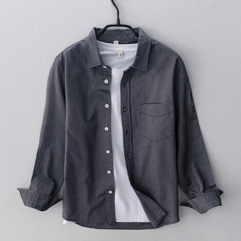 Casual Men's Long Sleeve Shirt Solid Color Simple Shirt for Man Slim Fit 100% Cotton Oxford Chest Pocket Regular-fit Work Shirt