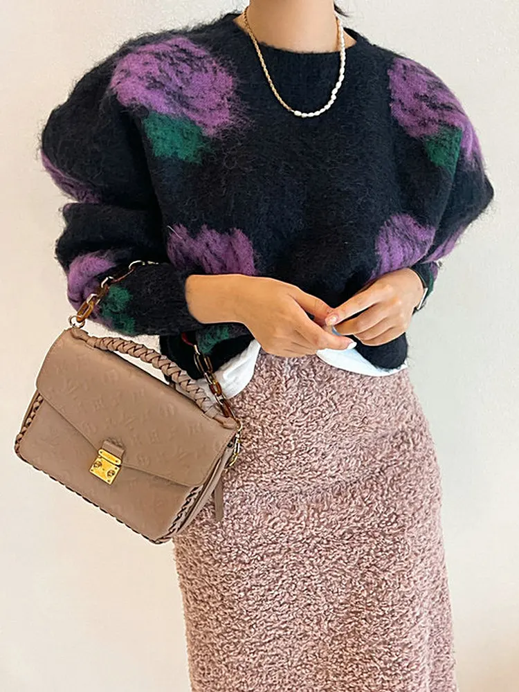 

Solowen Winter Knitted Long Sve round Ne Pure Color Sweater Floral Patterned Camere Retro Colored Women's Faion