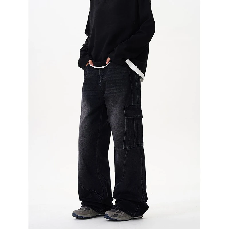

2026 Men Solid Color Versatile Cargo Pants Male Street Trend Baggy Straight Wide Leg Jeans Comfortable Daily Commute Denim Pants