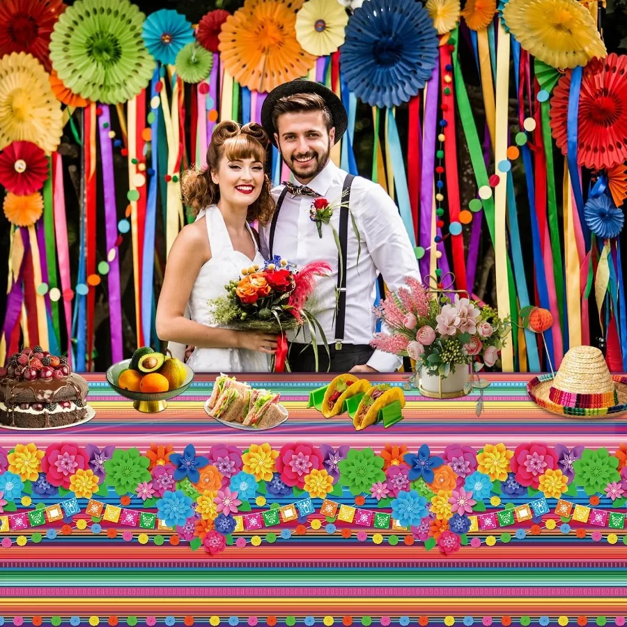 4 Pcs Mexican Fiesta Tablecloth Cinco De Mayo Plastic Table Cover Mexico Colorful Striped Paper Flower Table Cloth Mexican Holi