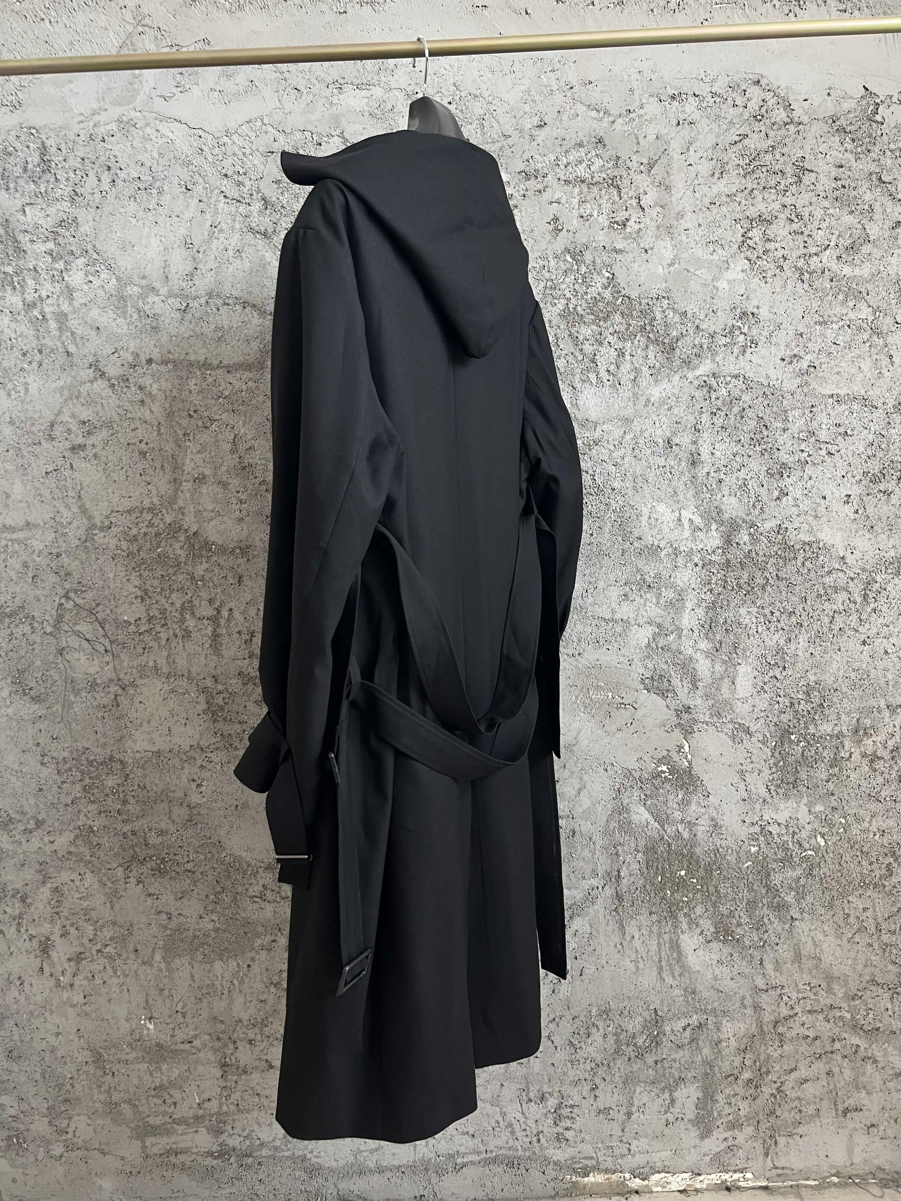 معطف متوسط الطول برباط بغطاء للرأس من TOP-YAMAMOTO، تصميم أصلي أسود، معطف كاجوال بخط رئيسي للرجال #4