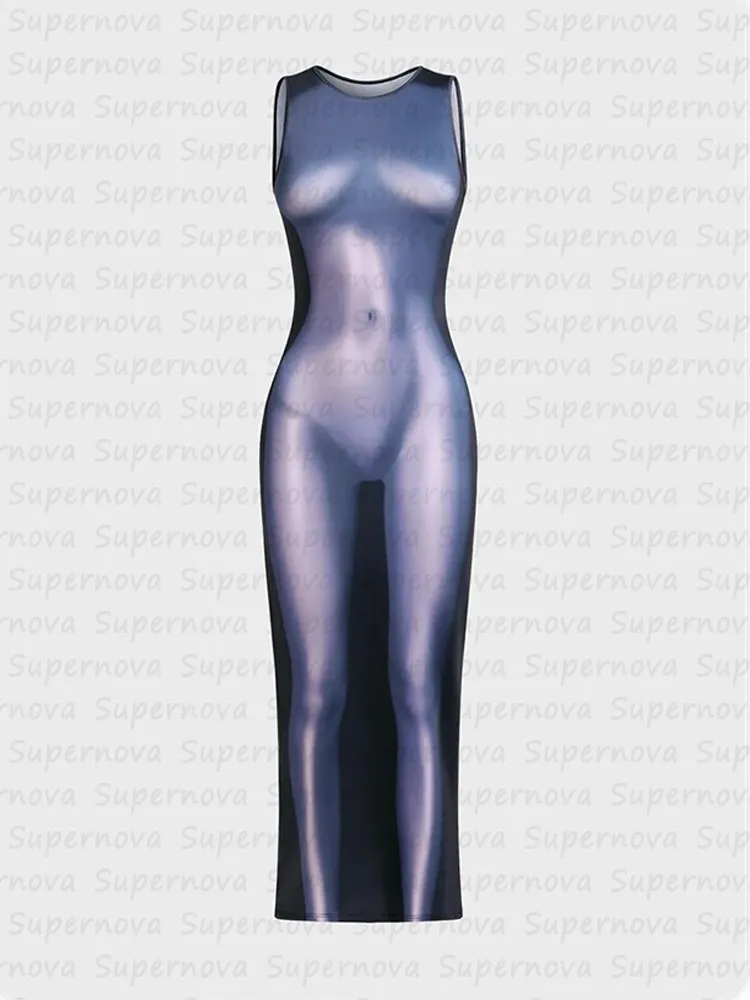 

Y2k tie-dyed sexy high-street tank dress sleeveless tight-fitting dress printed slim fashion summer slit dress