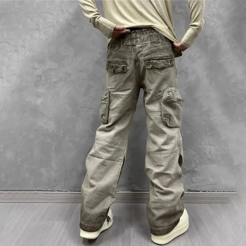 HKSH 男性ヘビーレトロウェイストランド洗浄レトロサファリスタイルカーゴパンツパンクパーソナライズされた斜めジッパーポケットオーバーオール HK4584