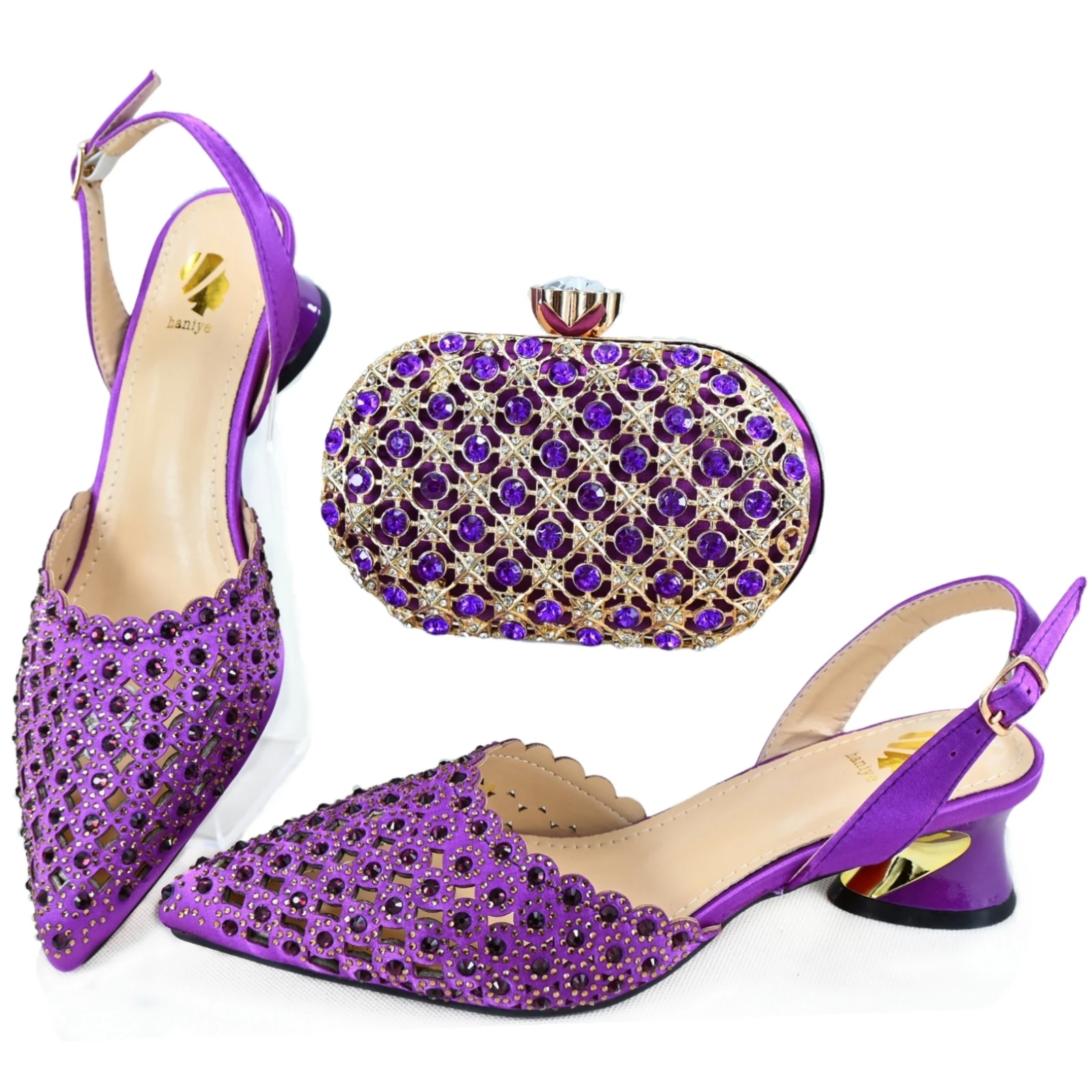 2024 Nigeria Popular Purple Italian Shoe with Matching Bag Set Rhinestones Party Ladies Shoes And Bag Set