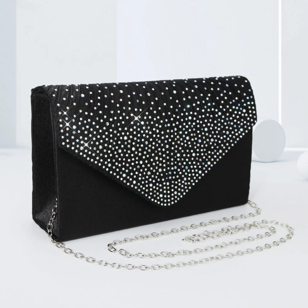 

New Fashion Elegant Clutches Trend Satin Rhinestone Shoulder Bag With Thin Chain Party Banquet Dress Matching Evening Bags