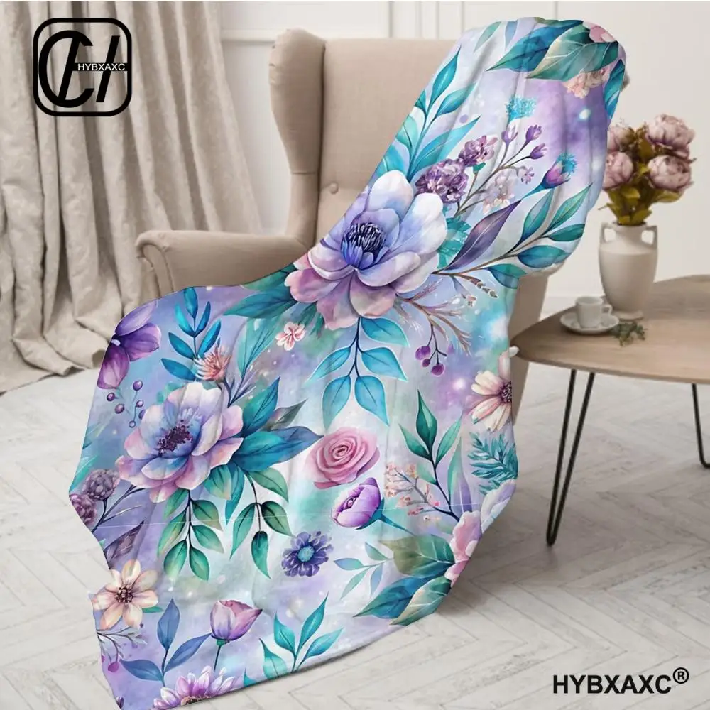 

Purple anemone flower pattern Throw Blanket Aesthetic Portable Home Travel Camping Sofa Picnic Thick Warm Flannel Blanket