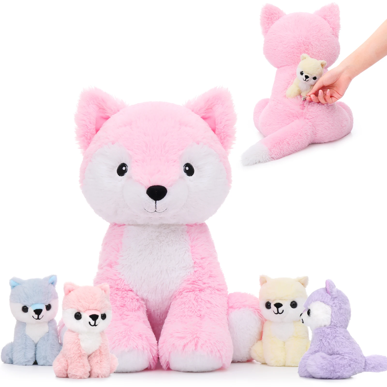 MorisMos renard animaux en peluche avec bébé à l'intérieur, doux 19 pouces peluche renard jouets maman et bébés ensemble, cadeau pour femmes, filles,