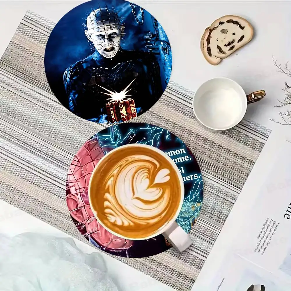 Classic H-Hellraiser Horror Movie Round Coasters Insulated Durable Cups Coffee Coaster Plate Mats Home and Decoration Utensils