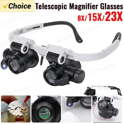 2XLED Watch Jeweler Repair Magnifier Head-Mounted Headband Adjustable Magnifying Head Eye Glasses Loupe Lens 8X 15X 23X