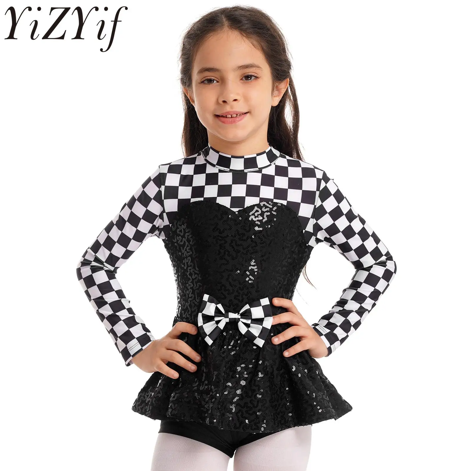 Girls Race Car Driver Costume Sequins Long Sleeve Checkerboard Racer Dress Leotard Jumpsuit Halloween Role Play Dress Up