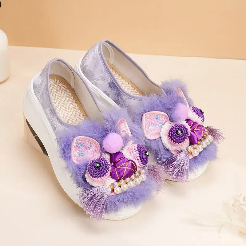 

Женские весенне-осенние туфли с вышивкой «Тигровый носок», туфли в этническом стиле на толстой подошве без шнуровки ручной работы на танкетке с кроличьей шерстью, туфли ханьфу