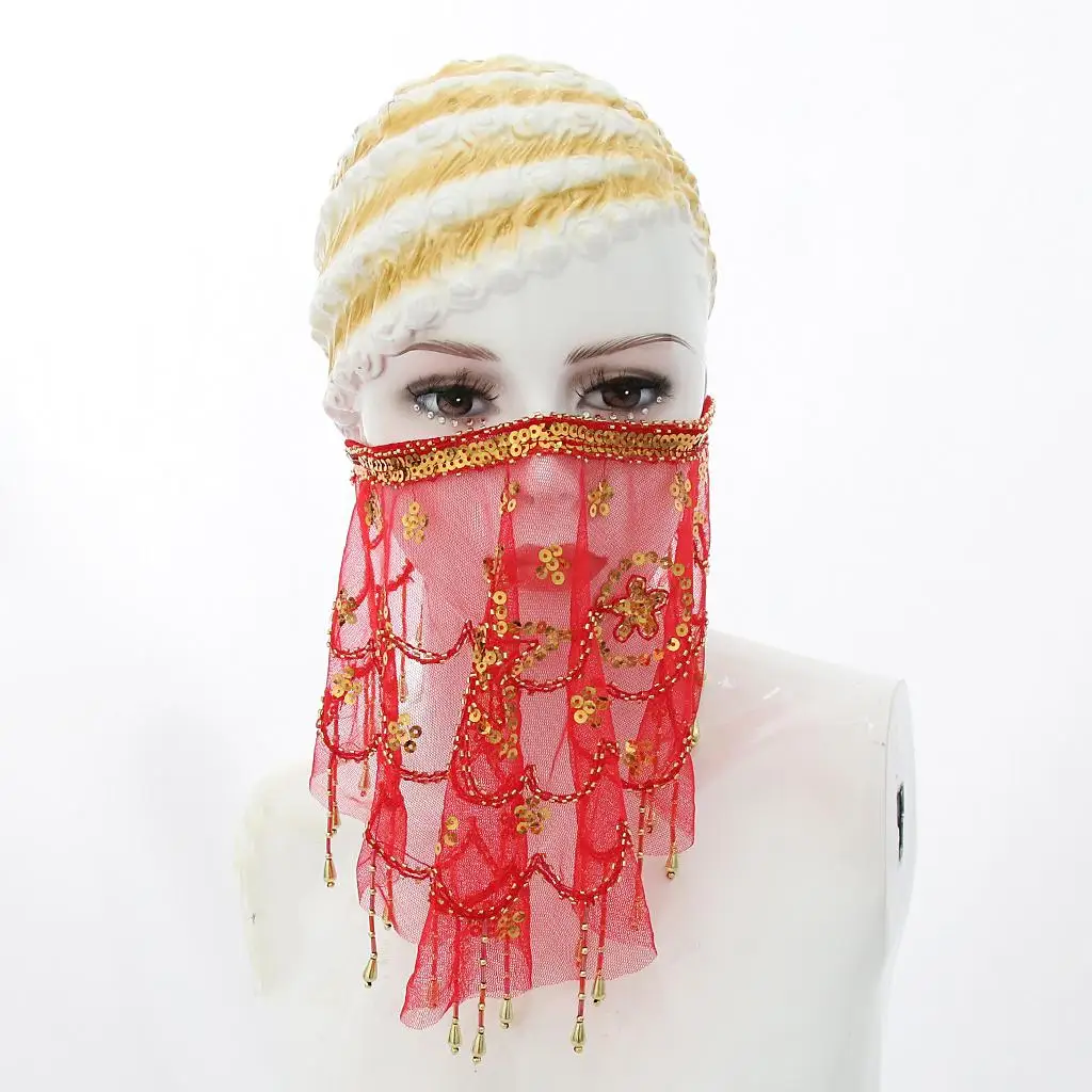 Mesh Face Veil Beaded Sequin Belly Dance Mask Costume Accessory for Belly Dancer Performance Stage