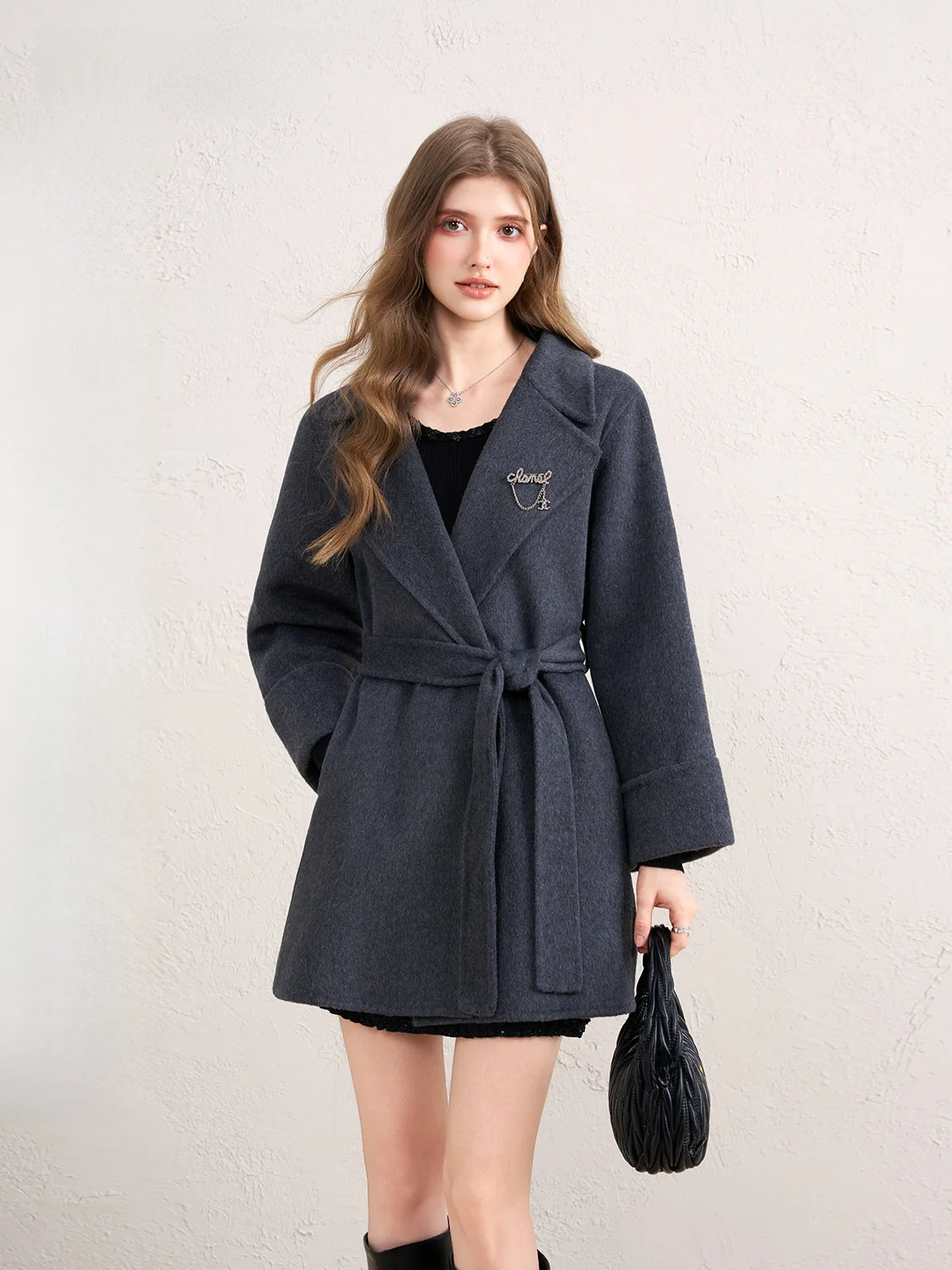 

Ele ey Double-Faced Camere Coat with Belt ort Sle Turn-down Collar Women's Faion Korean Sle Winter Outerwear