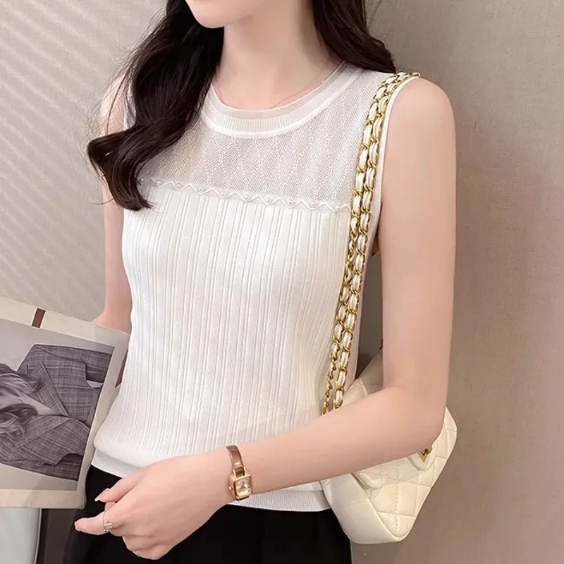 Ice Silk Suspender Vest Women Summer New Daily Simple Commuting Lace Knitted Bottoming Shirt Sleeveless Top Knitted Tank